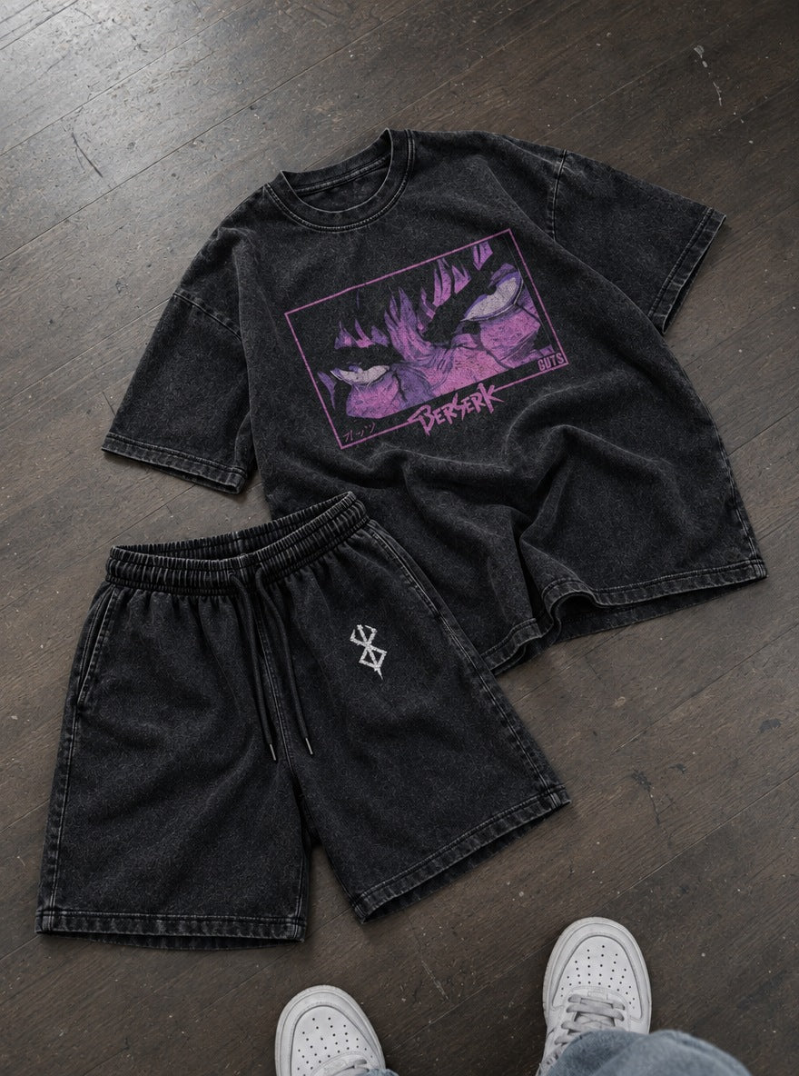 Black Tee & Shorts Combo – Purple Glare Guts – flat-lay | Berserk