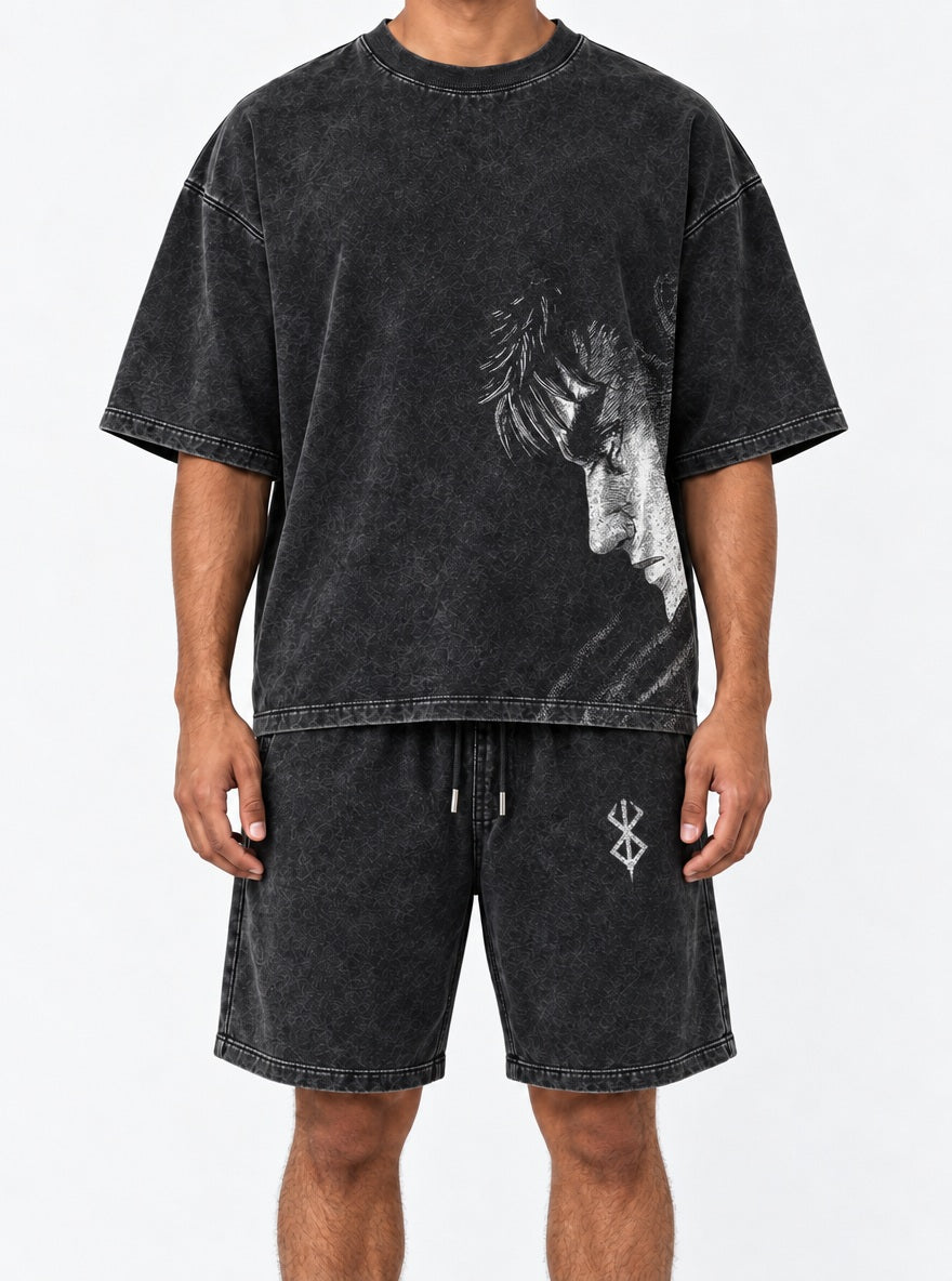 Black Tee & Shorts Combo – Bowed Head Guts – model shot | Berserk