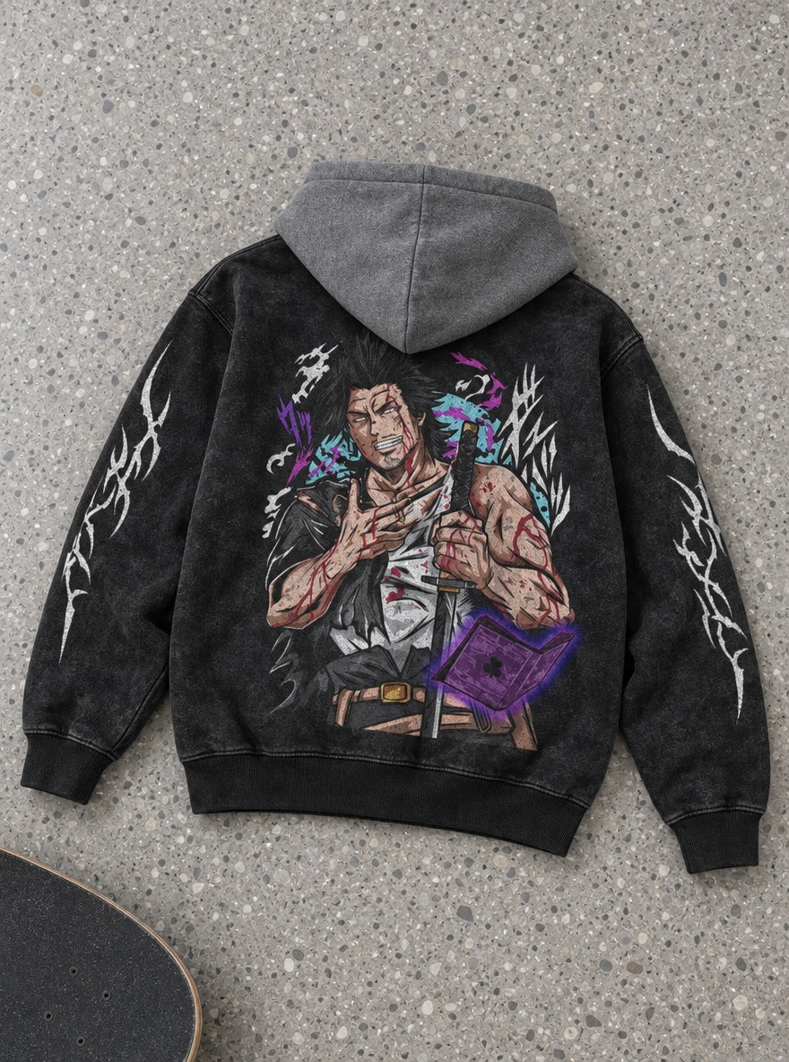Bloodied Yami – Black & Grey Hoodie – flat-lay | Black Clover