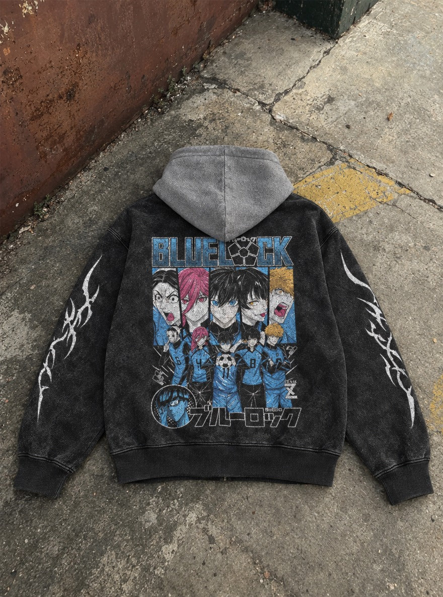 Collage Hold – Black & Grey Hoodie – flat-lay | Blue Lock