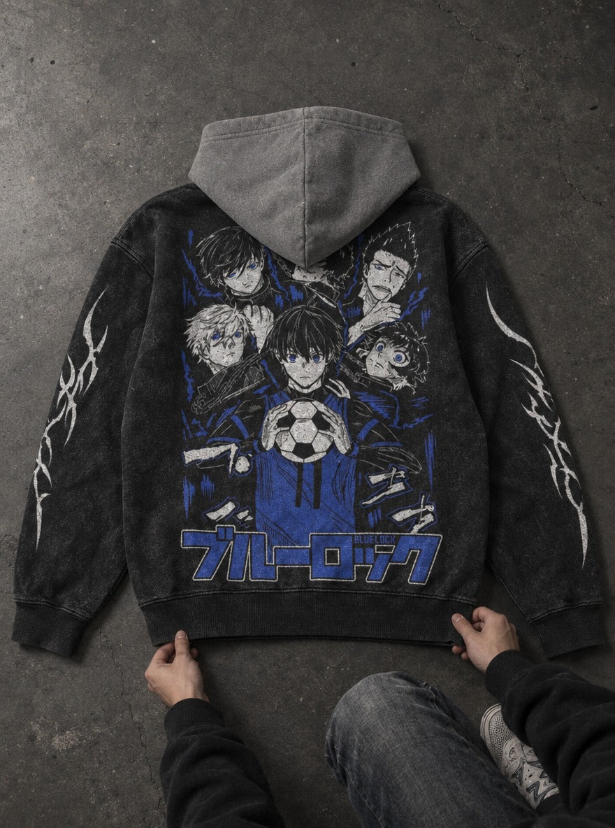 Isagi Orbit – Black & Grey Hoodie – flat-lay | Blue Lock