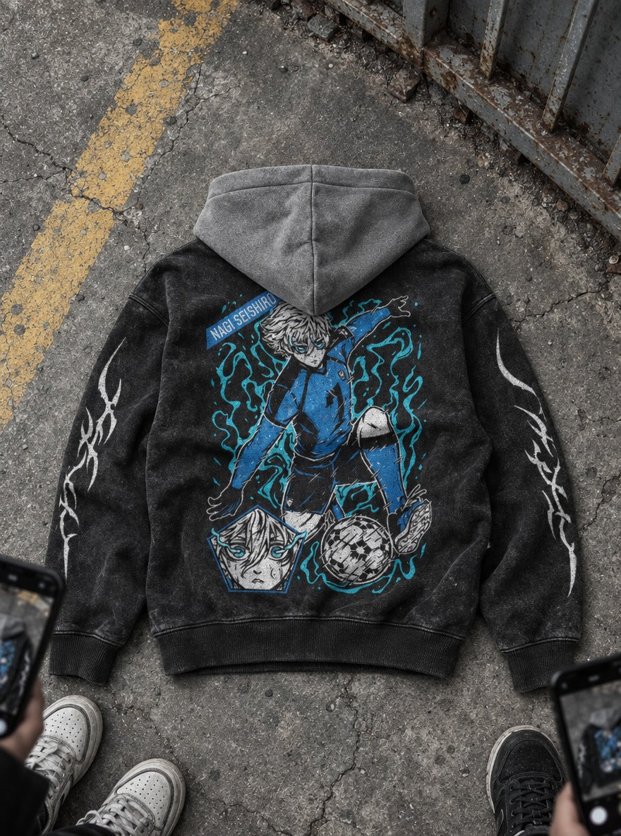 Nagi Strike – Black & Grey Hoodie – flat-lay | Blue Lock