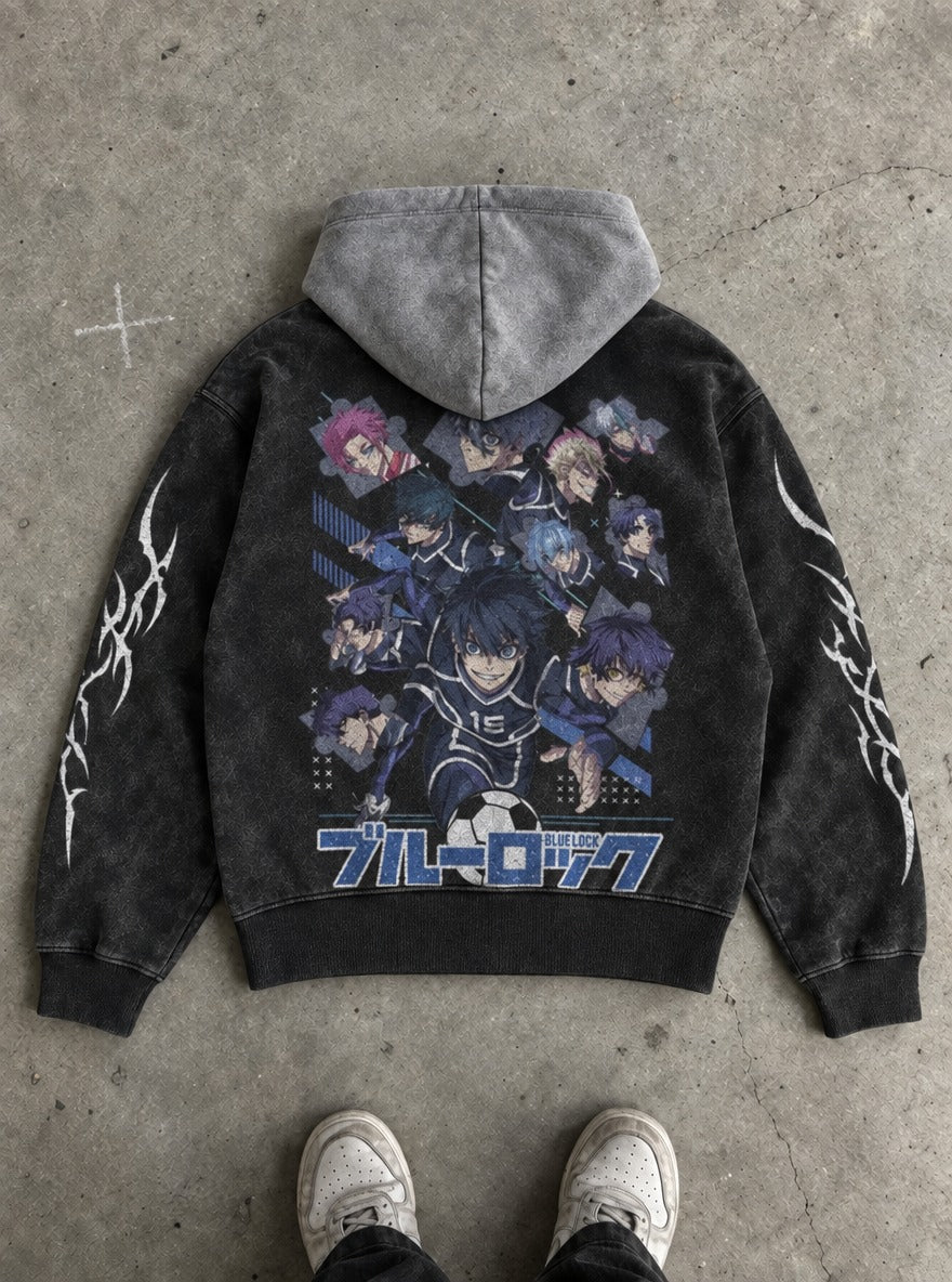 Puzzle Charge – Black & Grey Hoodie – flat-lay | Blue Lock