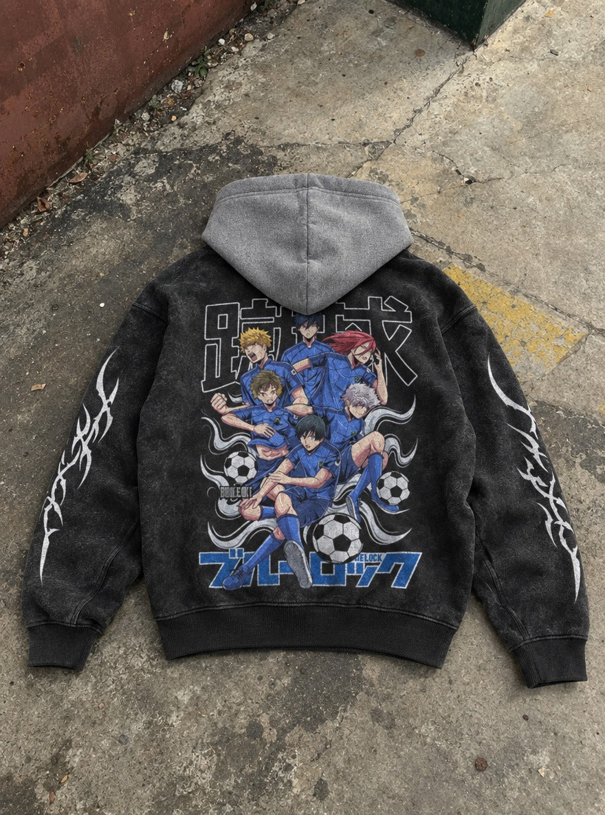 Six Strike – Black & Grey Hoodie – flat-lay | Blue Lock
