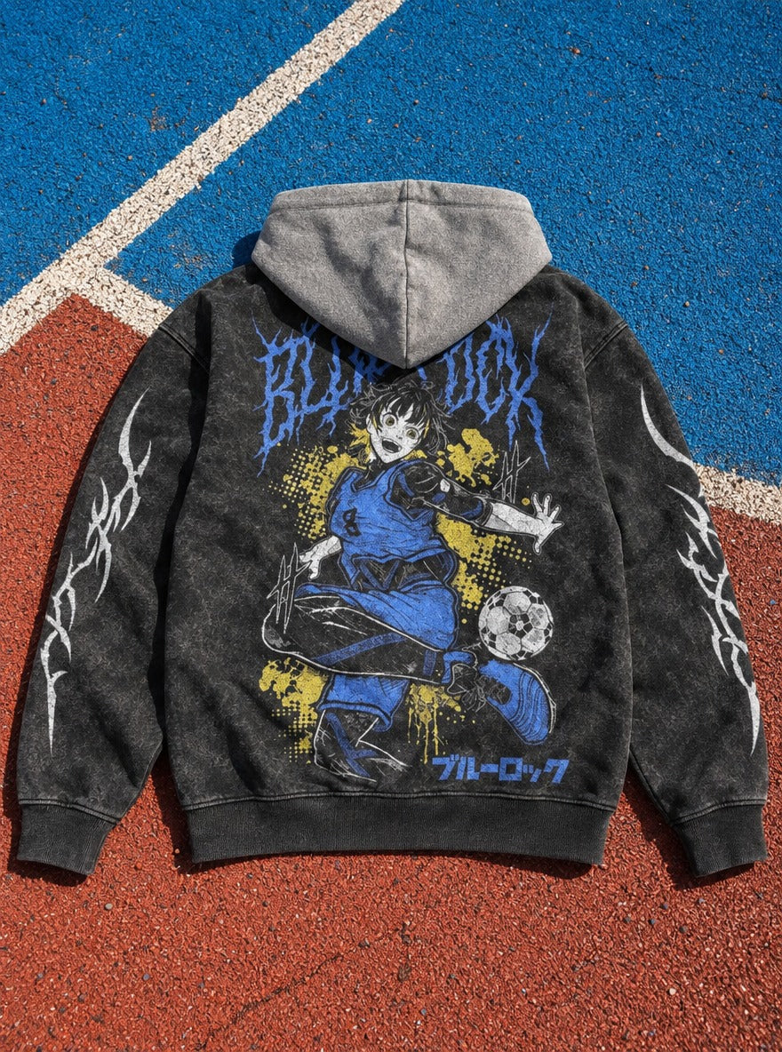 Splatter Kick – Black & Grey Hoodie – flat-lay | Blue Lock
