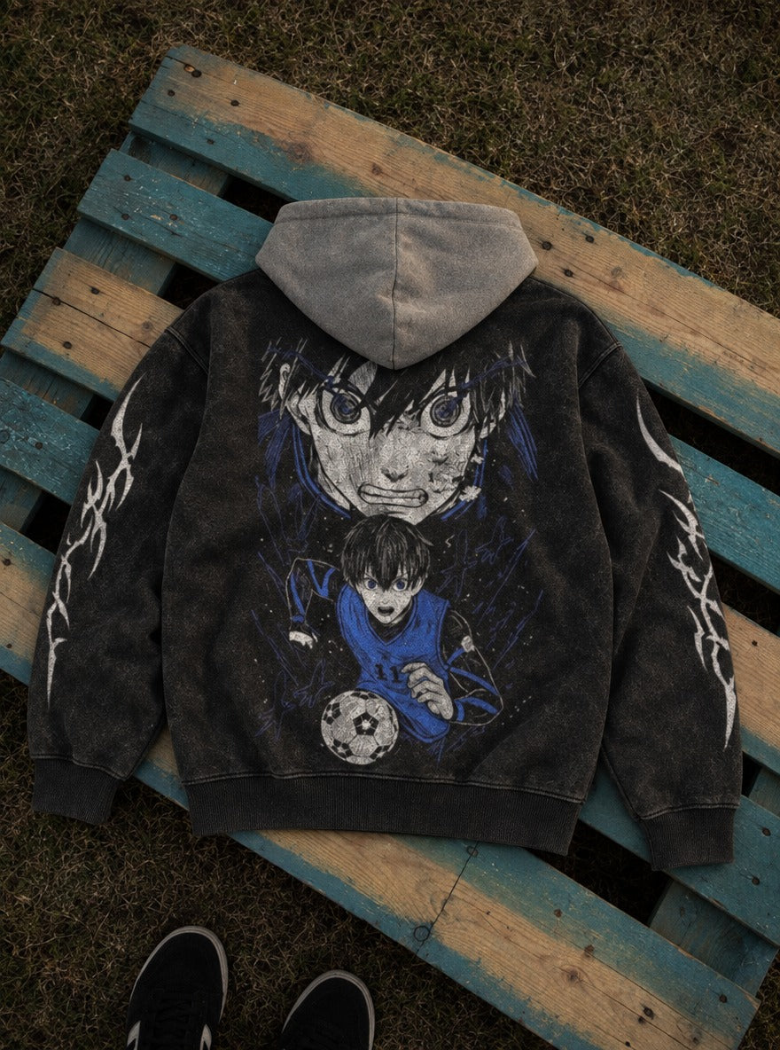 Split Focus – Black & Grey Hoodie – flat-lay | Blue Lock