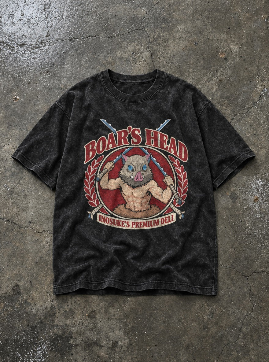 Boar's Head – Black Acid Wash Tee – flat-lay | Meme Tees