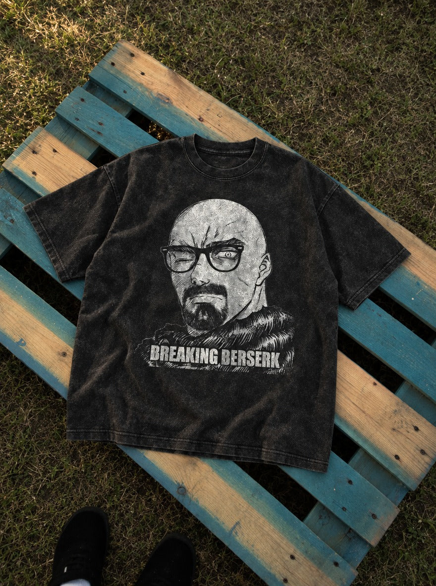 Breaking Berserk – Black Acid Wash Tee – flat-lay | Meme Tees