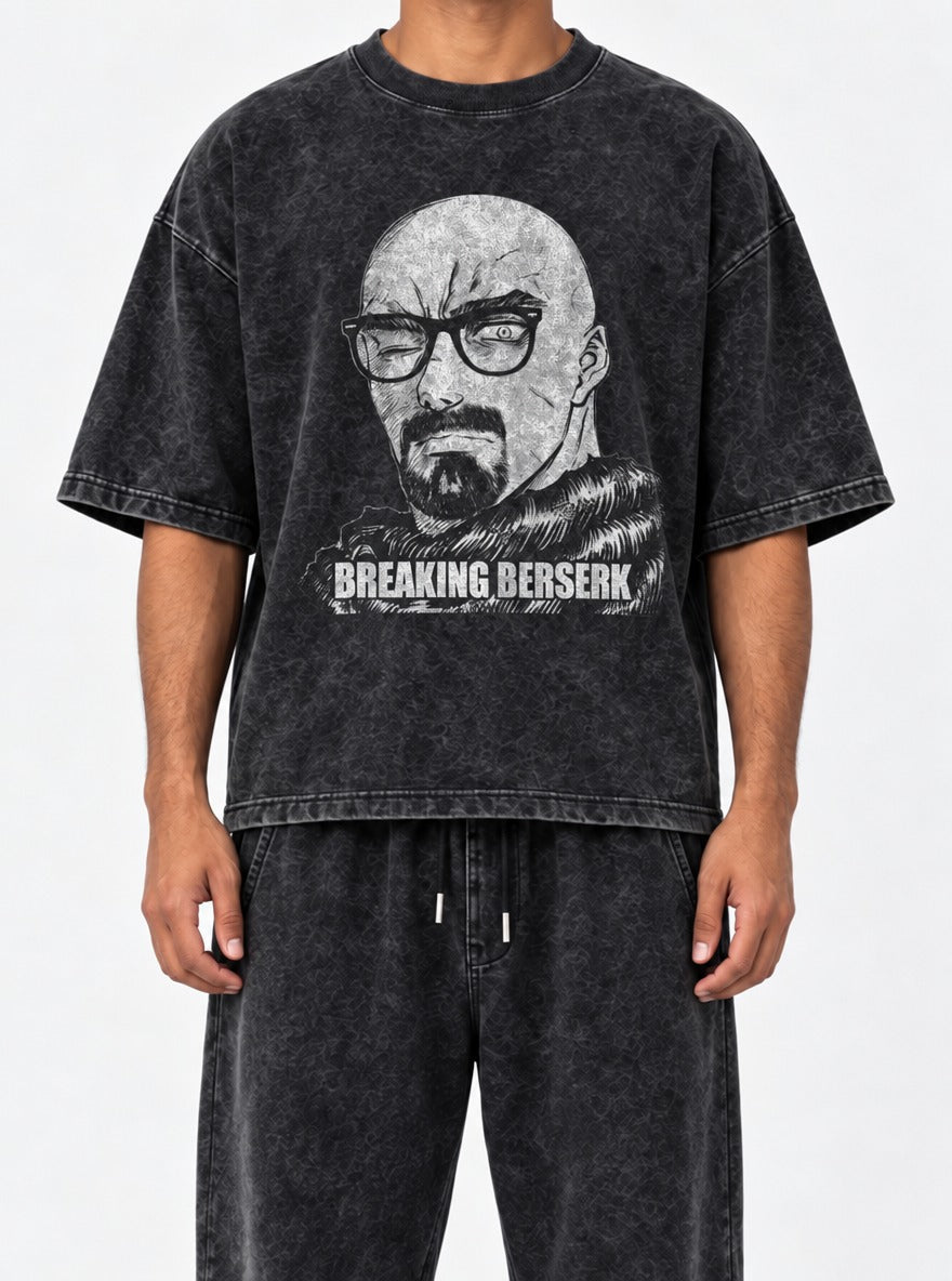 Breaking Berserk – Black Acid Wash Tee – model shot | Meme Tees