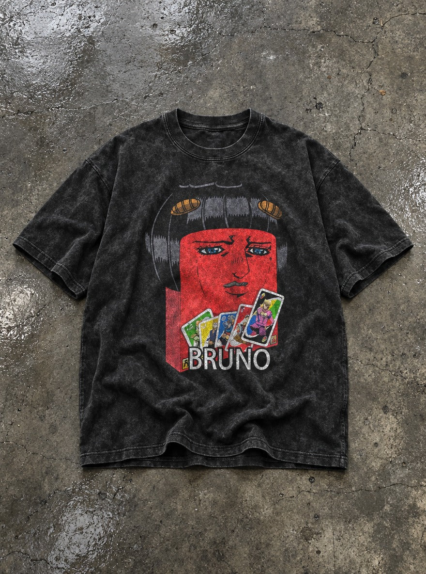 Bruno – Black Acid Wash Tee – flat-lay | Meme Tees
