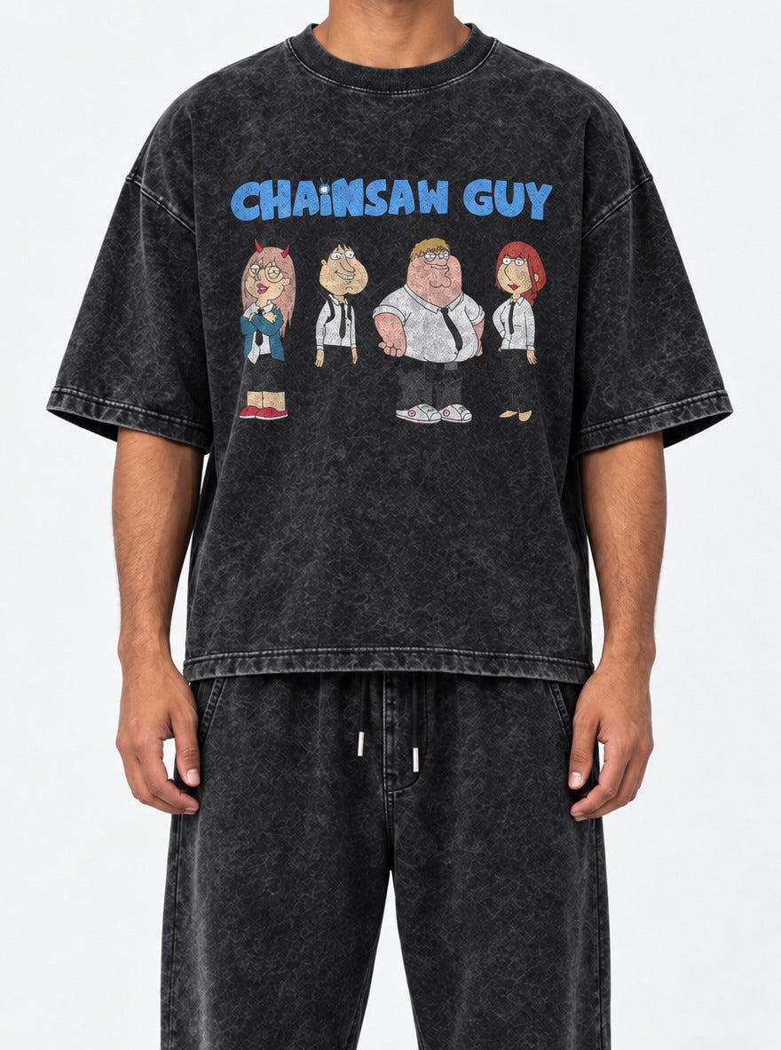 Chainsaw Guy – Black Acid Wash Tee – model shot | Meme Tees