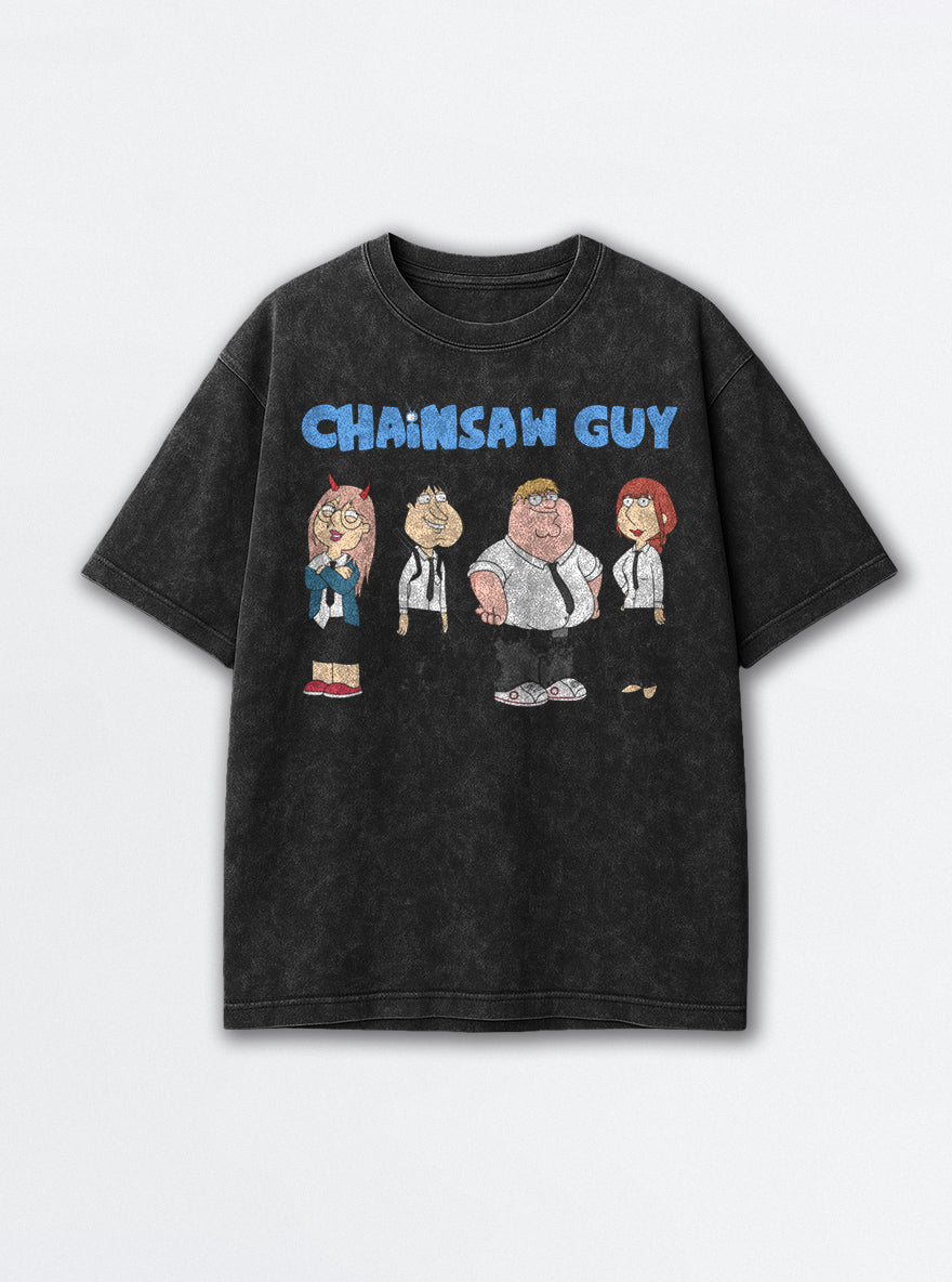 Chainsaw Guy – Black Acid Wash Tee – mockup | Meme Tees