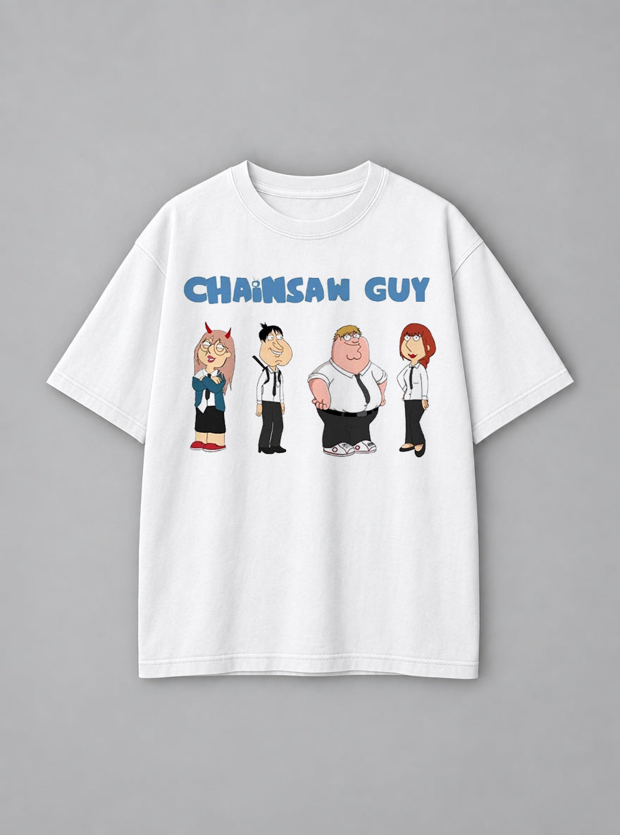 Chainsaw Guy – White Tee – mockup | Meme Tees