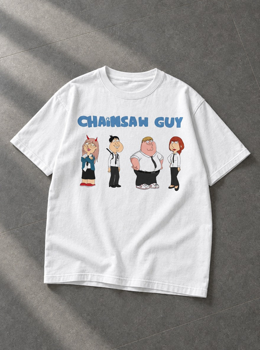 Chainsaw Guy – White Tee – flat-lay | Meme Tees