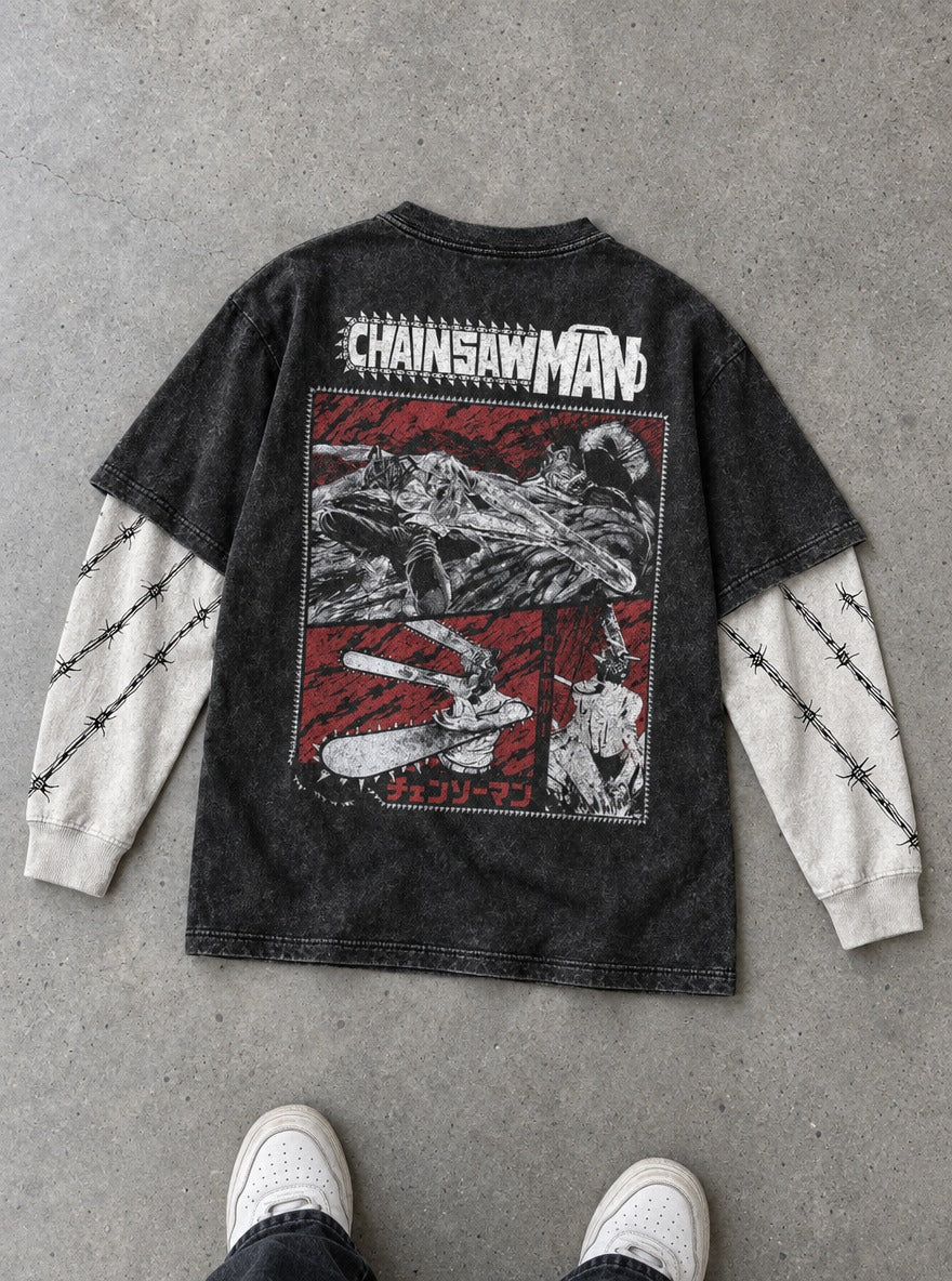 Denji Battle Panels – Double Sleeves – flat-lay | Chainsaw Man
