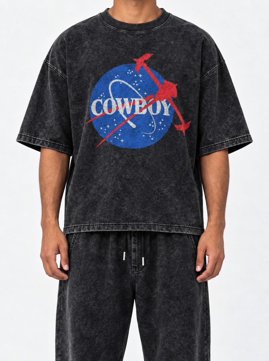 Cowboy C.B. – Black Acid Wash Tee – model shot | Meme Tees