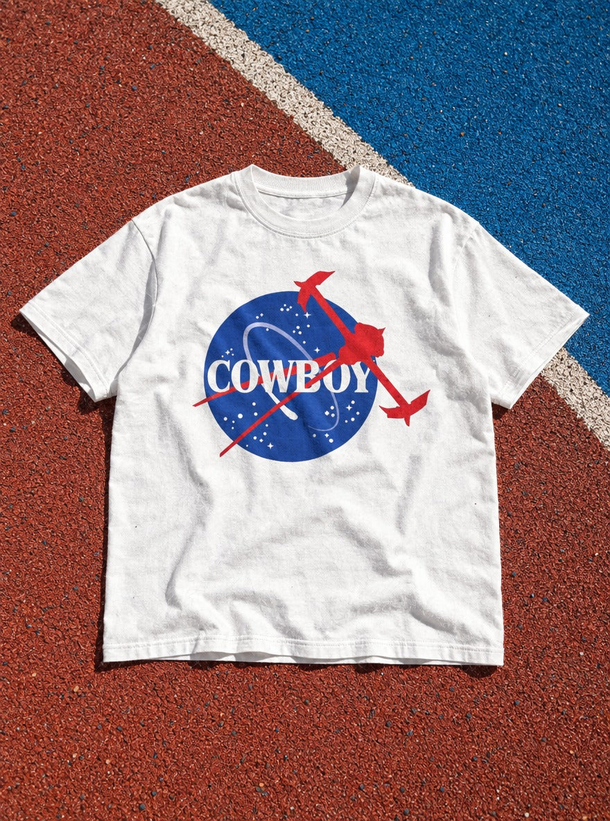 Cowboy C.B. – White Tee – flat-lay | Meme Tees