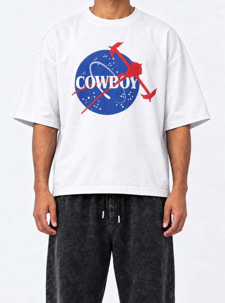 Cowboy C.B. – White Tee – model shot | Meme Tees