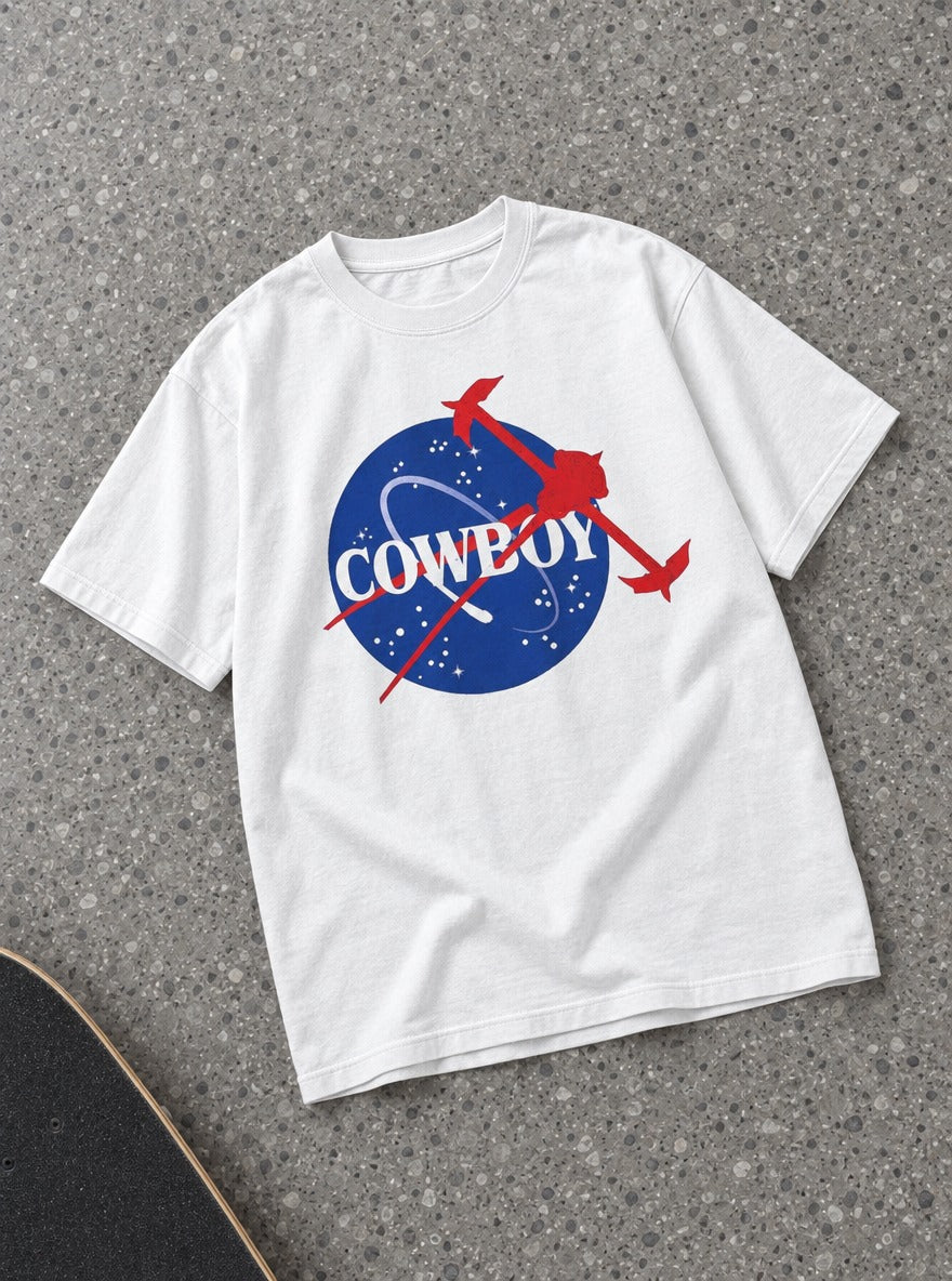 Cowboy C.B. – White Tee – flat-lay | Meme Tees