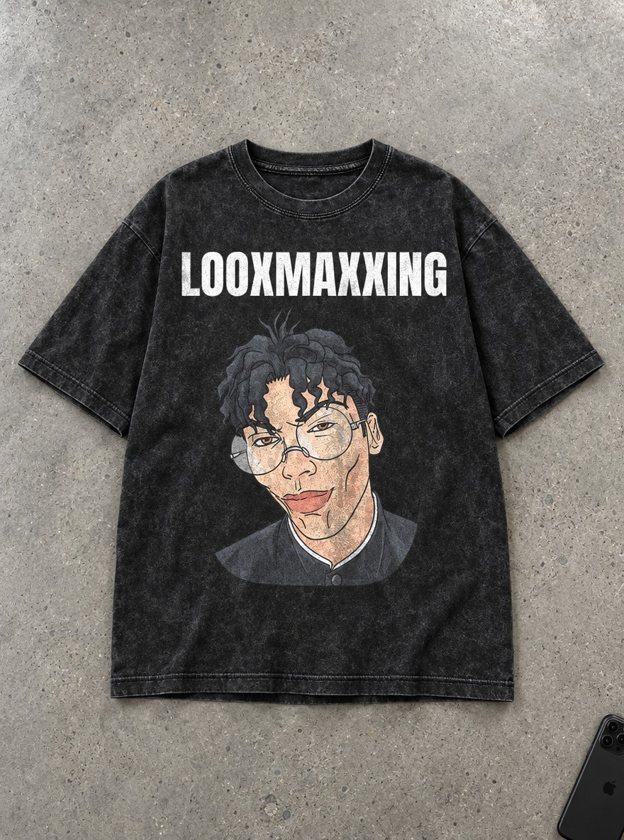 Looxmaxxing – Black Acid Wash Tee – flat-lay | Dandadan