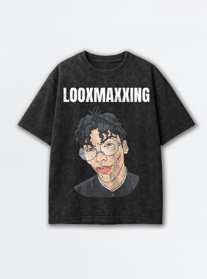 Looxmaxxing – Black Acid Wash Tee – mockup | Dandadan