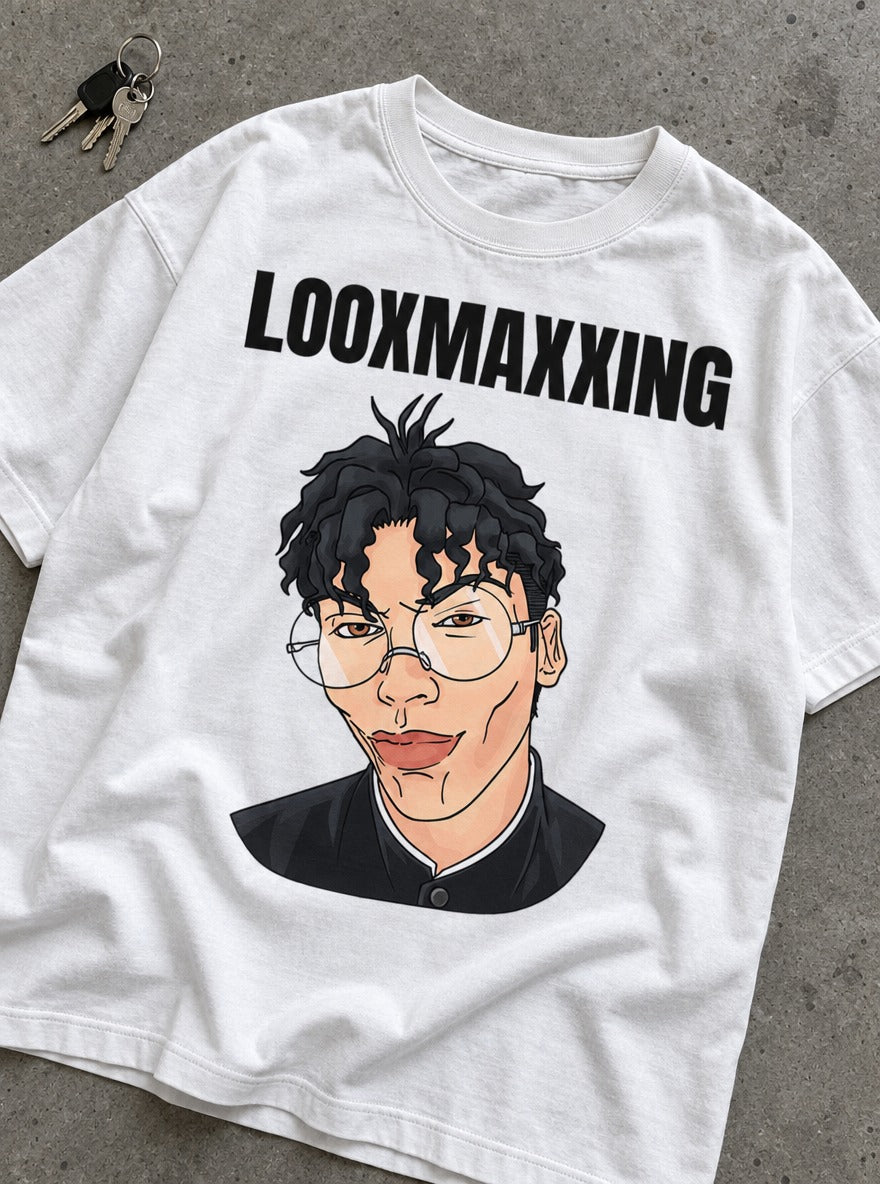 Looxmaxxing – White Tee – flat-lay | Dandadan