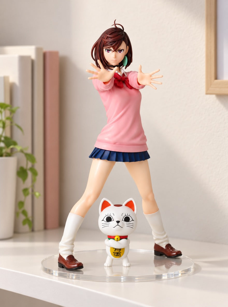 Momo & Lucky Cat Figure – on a display shelf | Dandadan