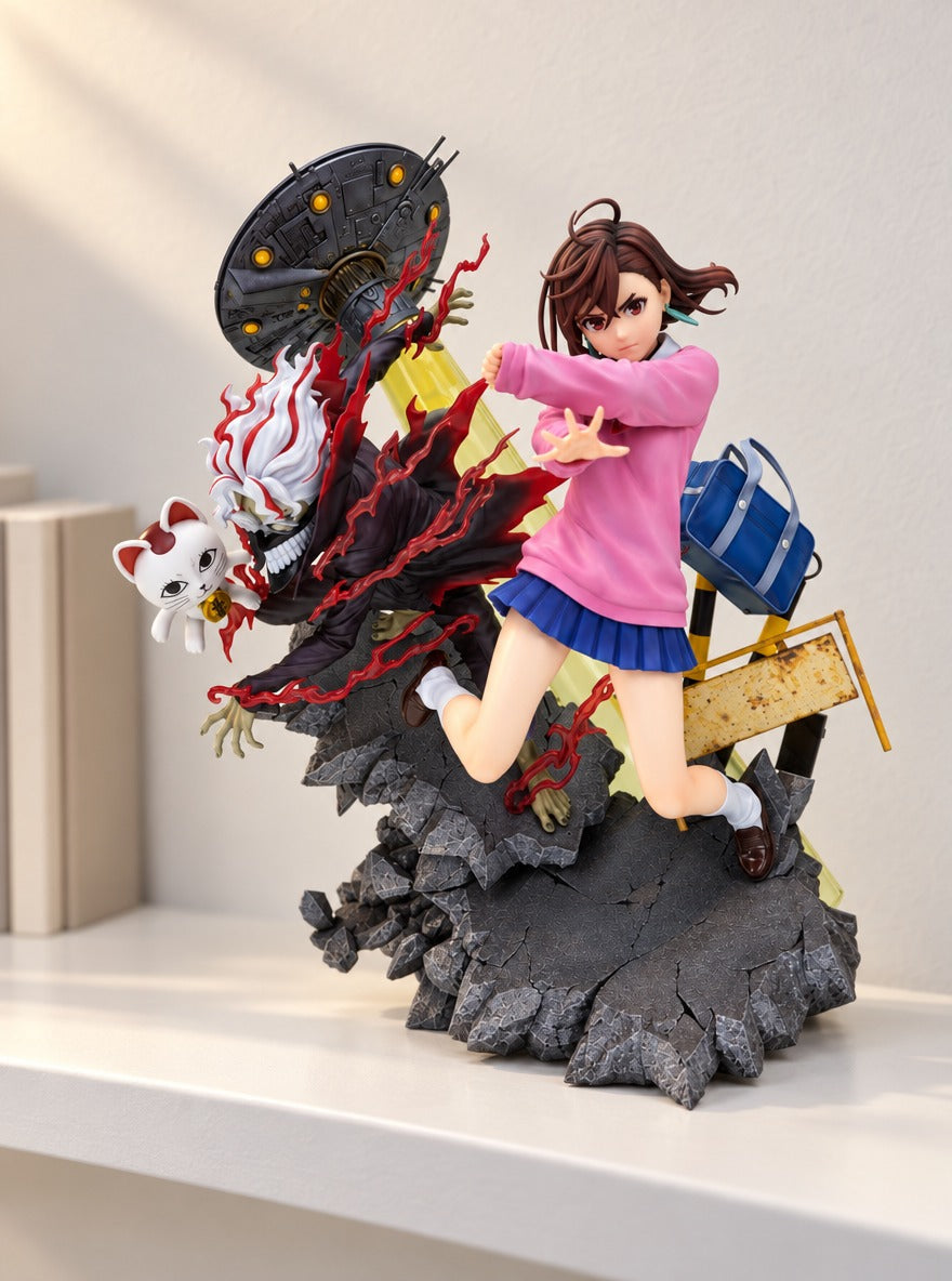 Momo & Okarun Battle Diorama Figure – on a display shelf | Dandadan