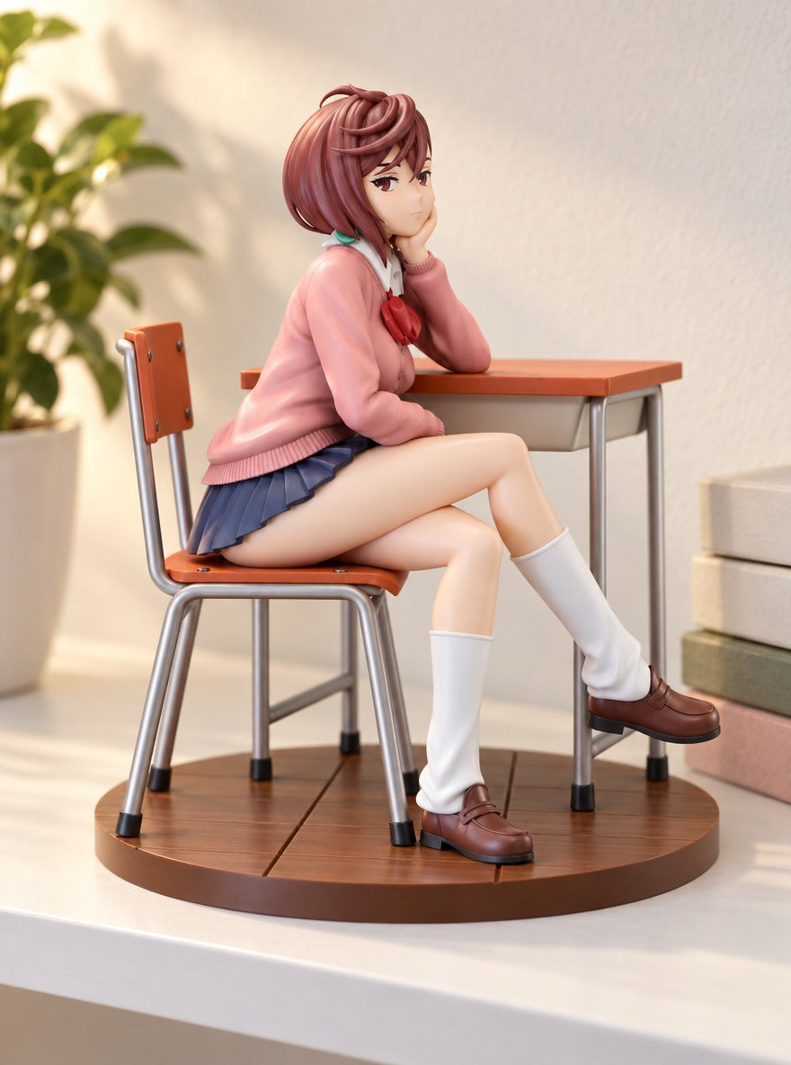 Momo School Desk Figure – on a display shelf | Dandadan