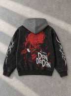 Okarun Red Aura – Black & Grey Hoodie – flat-lay | Dandadan