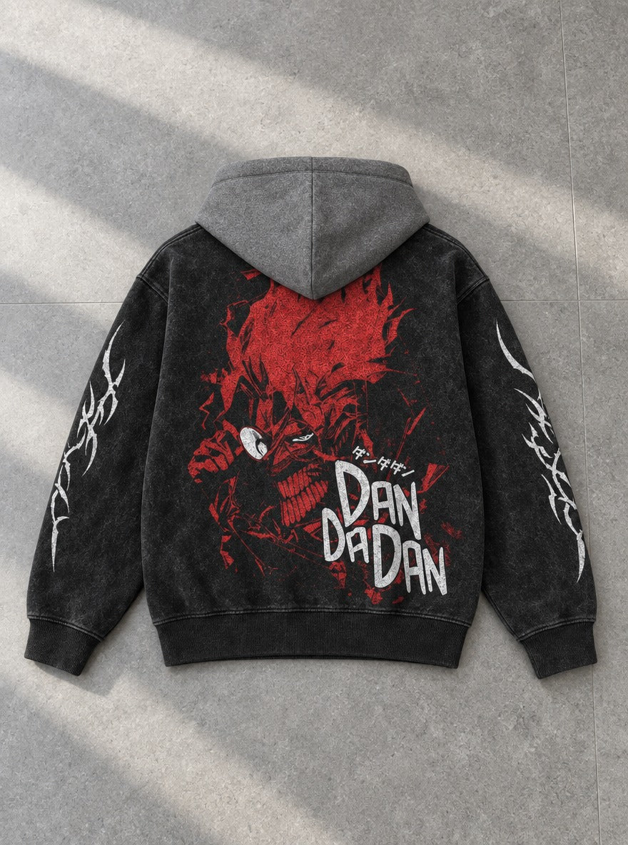 Okarun Red Aura – Black & Grey Hoodie – flat-lay | Dandadan