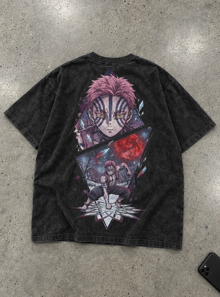 Akaza Crimson – Black T-Shirt – flat-lay | Demon Slayer
