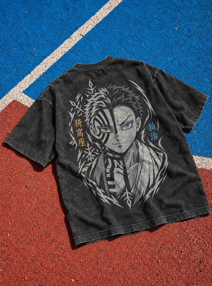 Akaza Duality – Black T-Shirt – flat-lay | Demon Slayer