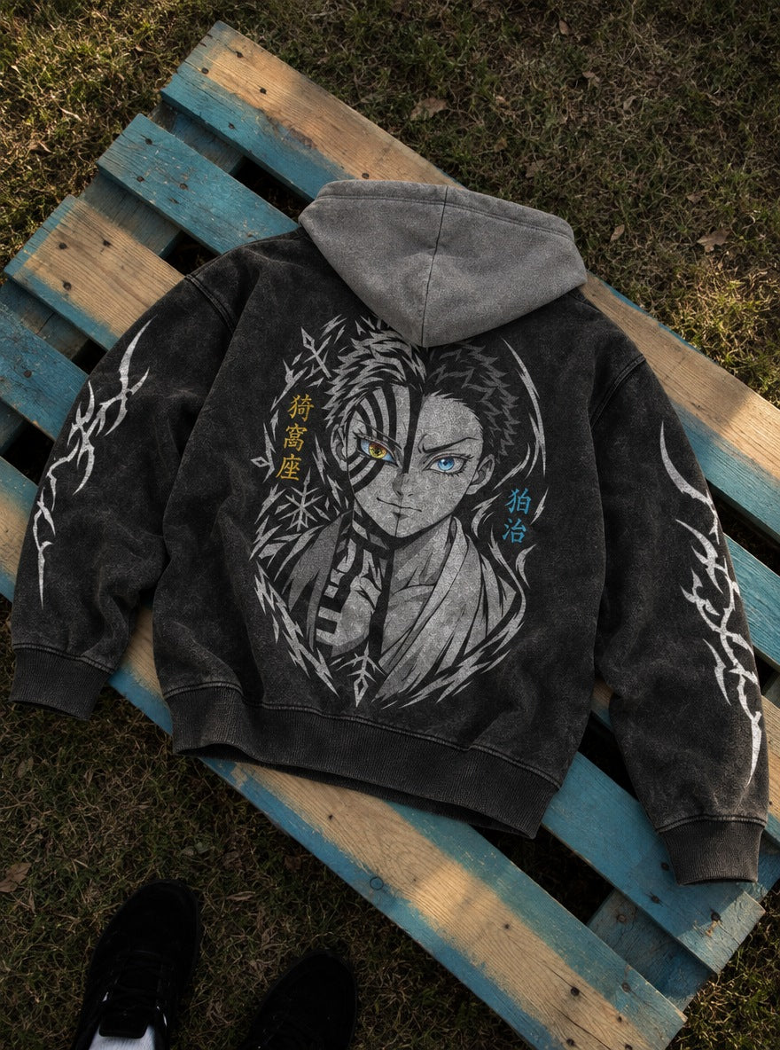 Akaza Duality – Black & Grey Hoodie – flat-lay | Demon Slayer