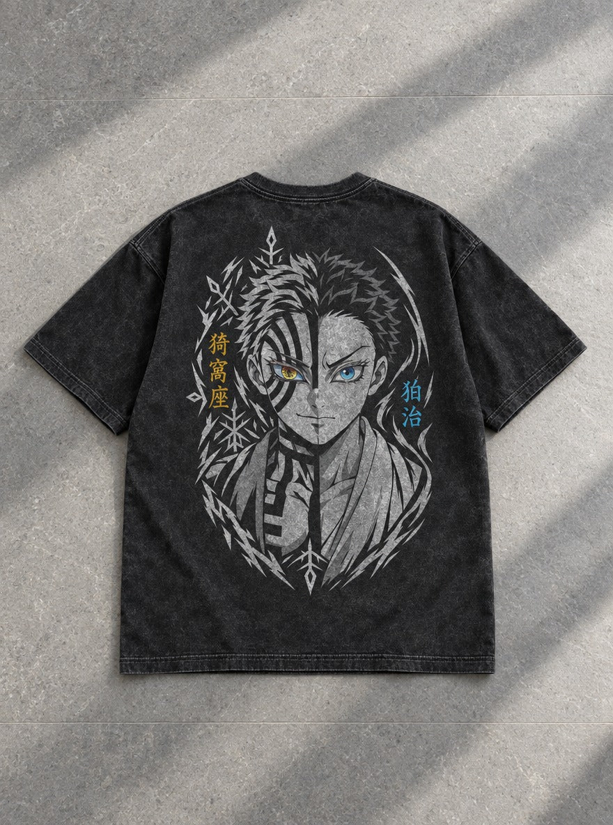 Akaza Duality – Black T-Shirt – flat-lay | Demon Slayer