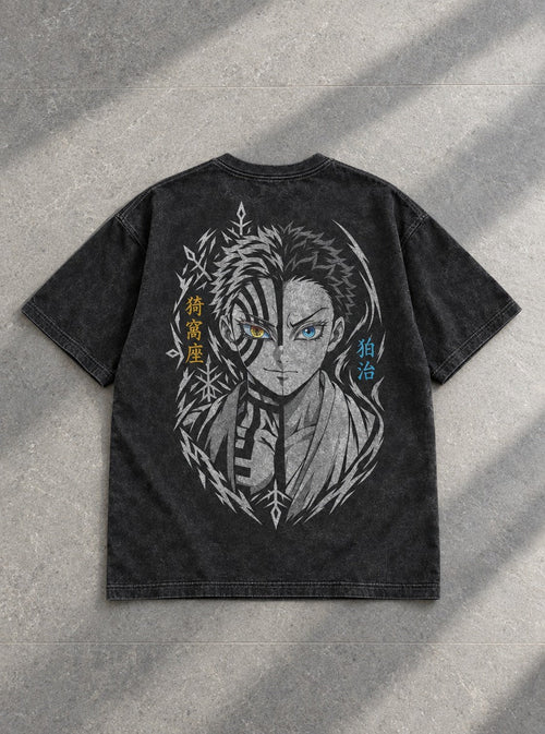 Akaza Duality – Black T-Shirt – flat-lay | Demon Slayer
