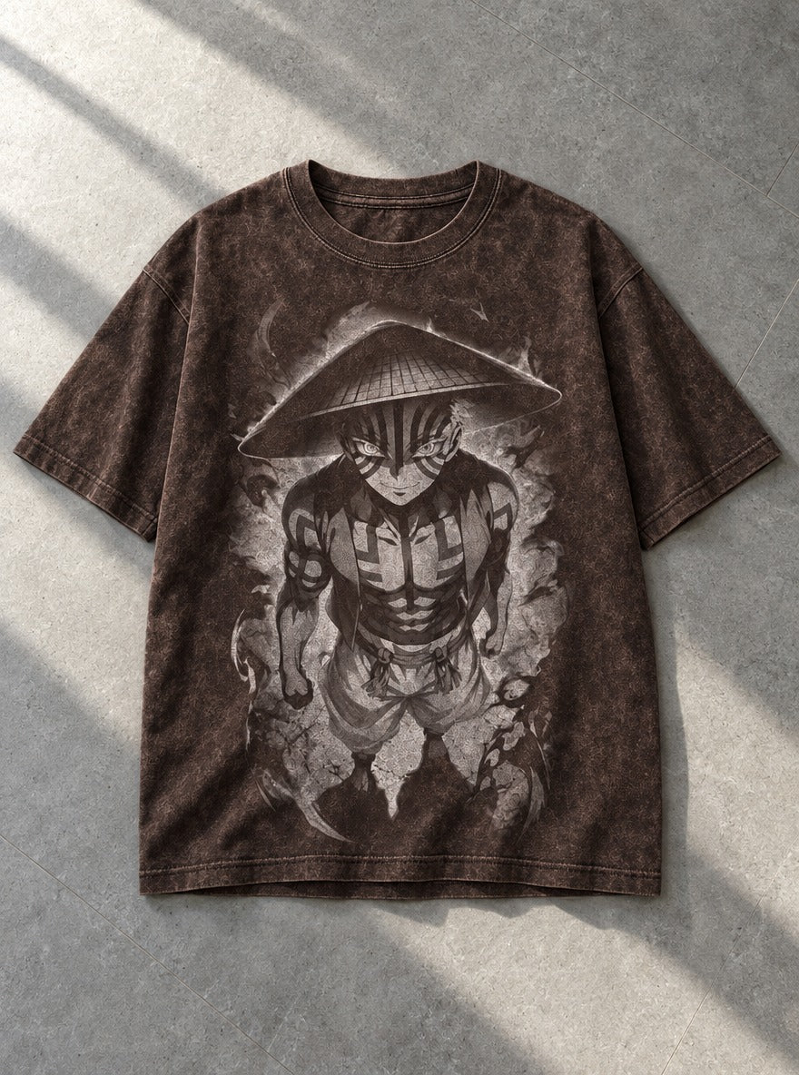Akaza Hat – Brown T-Shirt – flat-lay | Demon Slayer