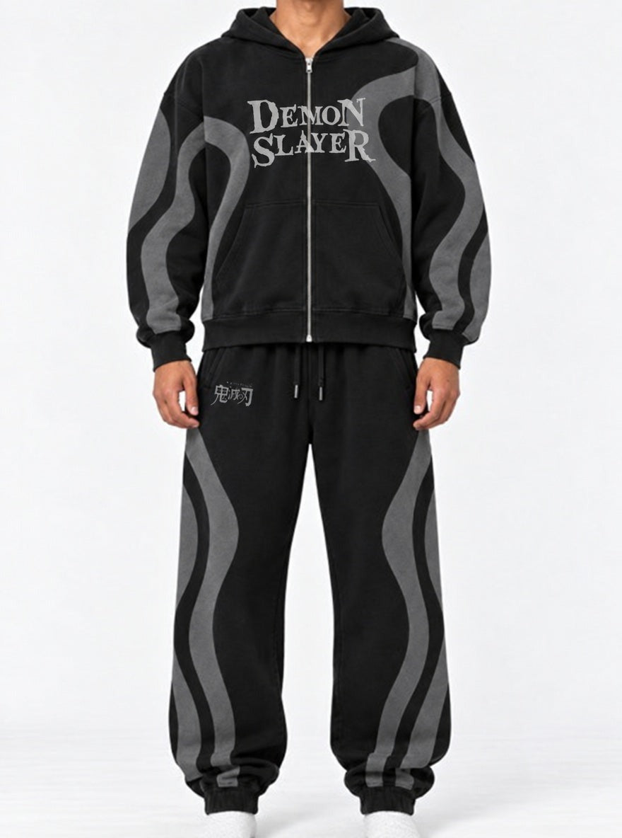 Black & Grey Co-ord Set – Demon Slayer Logo – model shot | Demon Slayer
