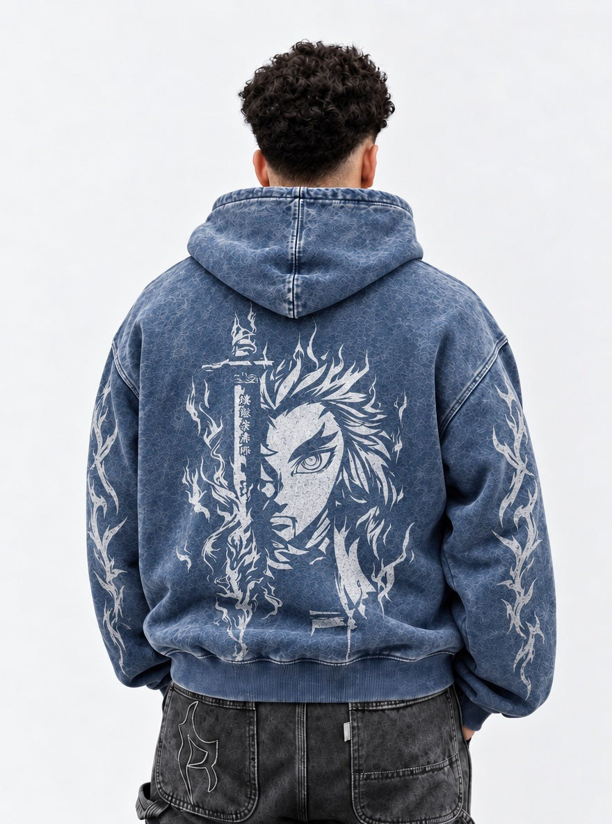 Blue Faded Hoodie – Rengoku Ember – model shot | Demon Slayer