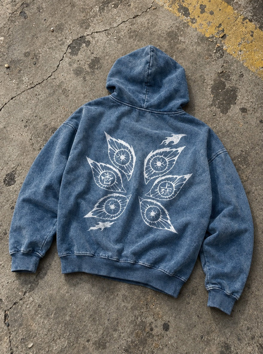 Blue Faded Hoodie – Six Eyes – flat-lay | Demon Slayer