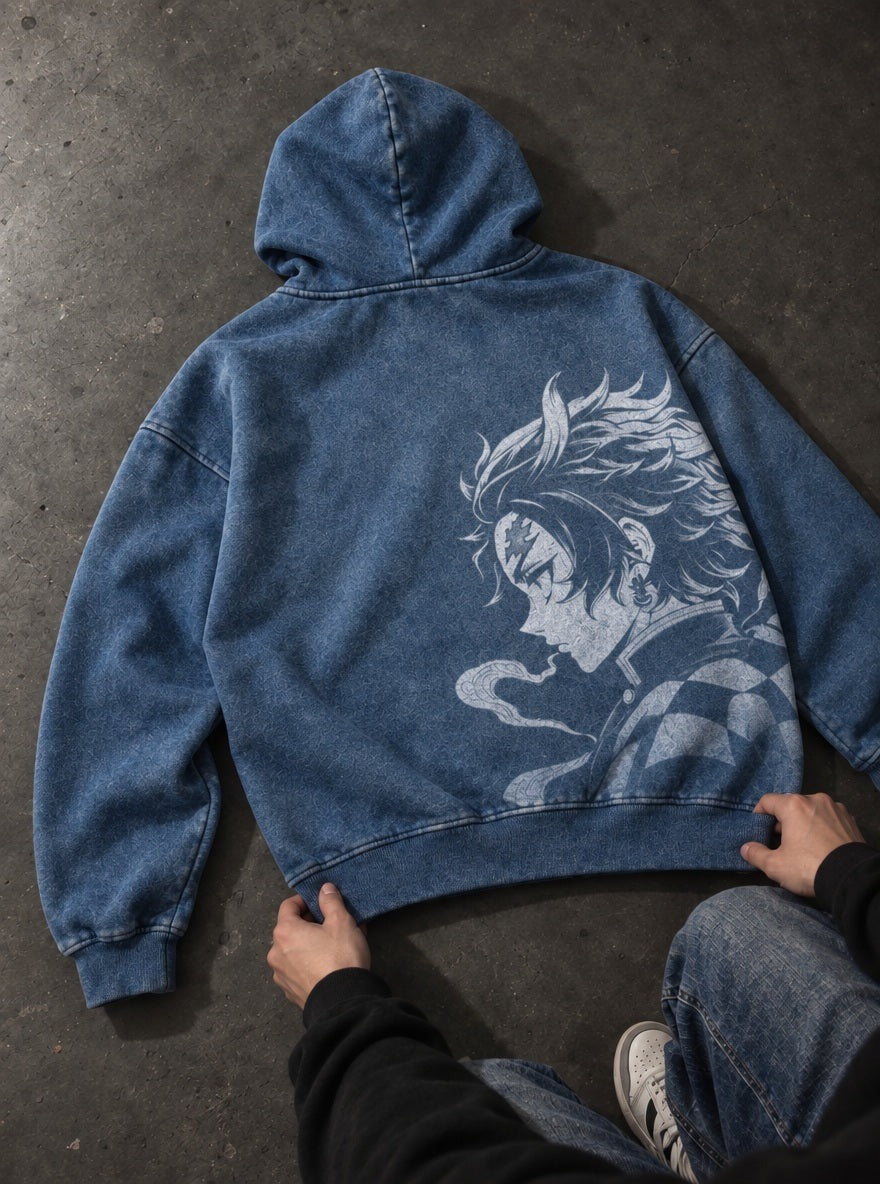 Blue Faded Hoodie – Tanjiro Resolve – flat-lay | Demon Slayer