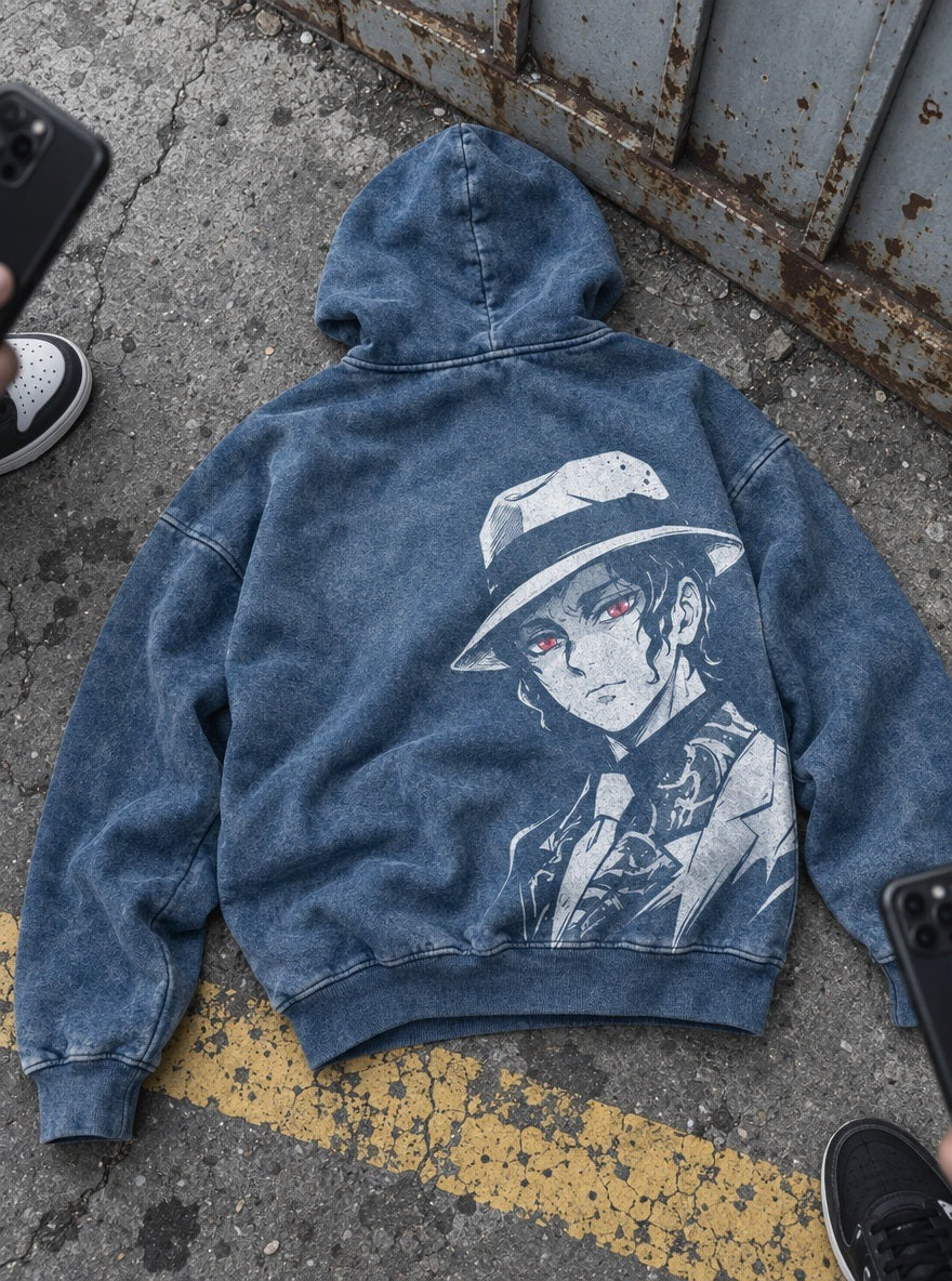 Blue Faded Hoodie – Muzan Hat – flat-lay | Demon Slayer