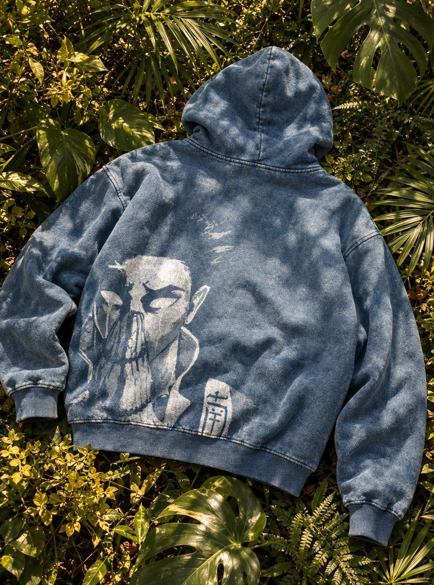 Blue Faded Hoodie – Gyomei Tears – flat-lay | Demon Slayer