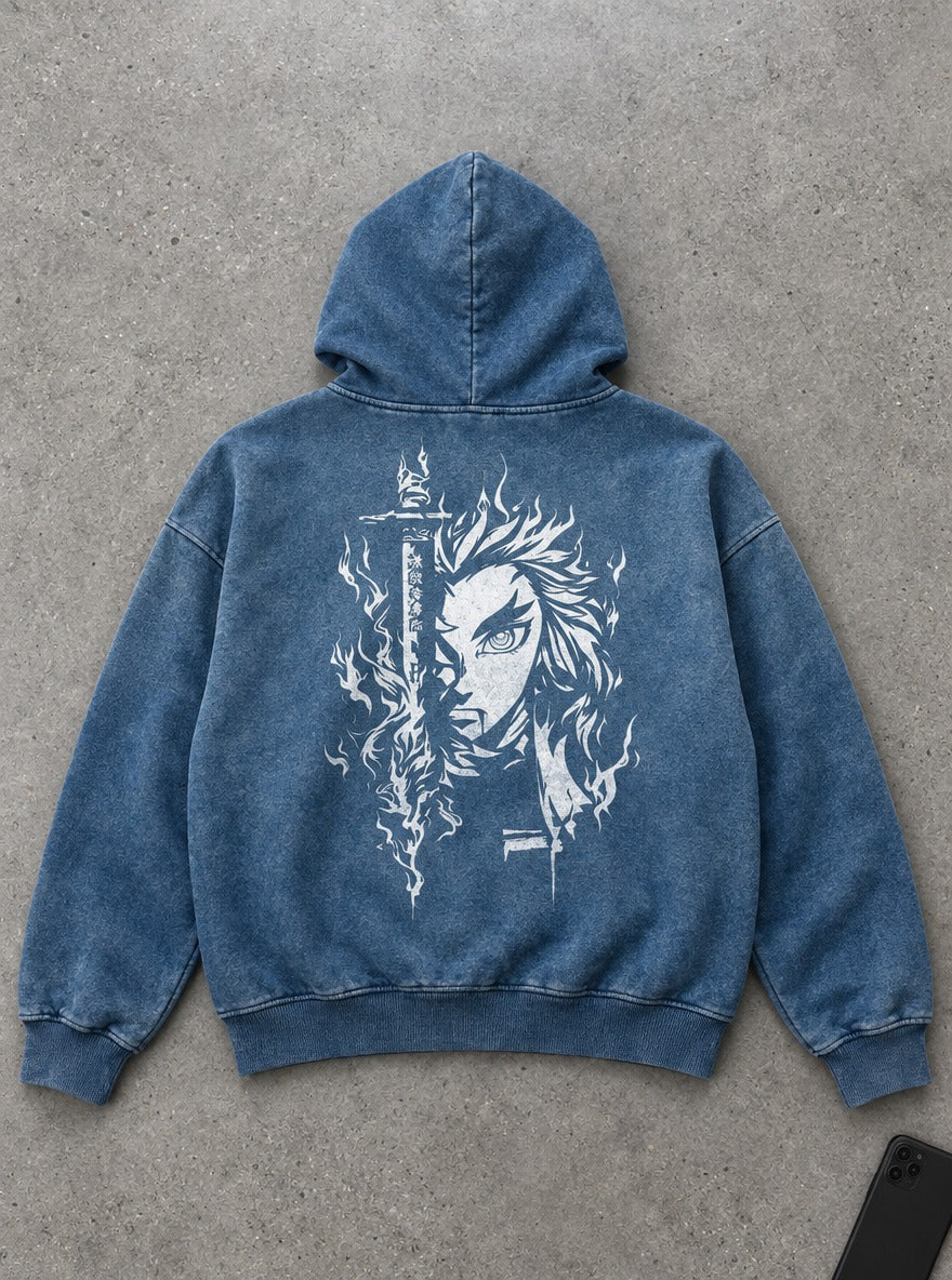 Blue Faded Hoodie – Rengoku Ember – flat-lay | Demon Slayer