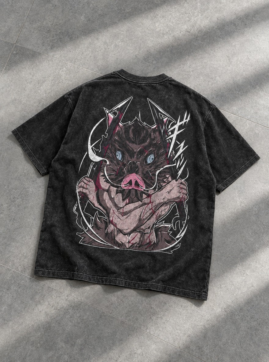 Boar Head – Black T-Shirt – flat-lay | Demon Slayer