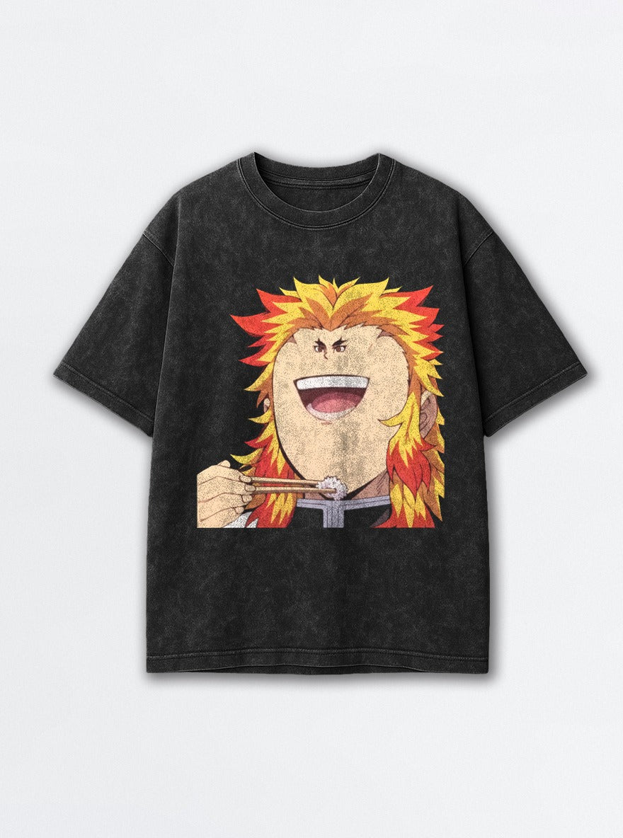 Egg Face Rengoku – Black Acid Wash Tee – mockup | Demon Slayer