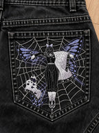 Demon Slayer Embroidered Pocket Jeans – Shinobu Spider Web – embroidery close-up | Demon Slayer