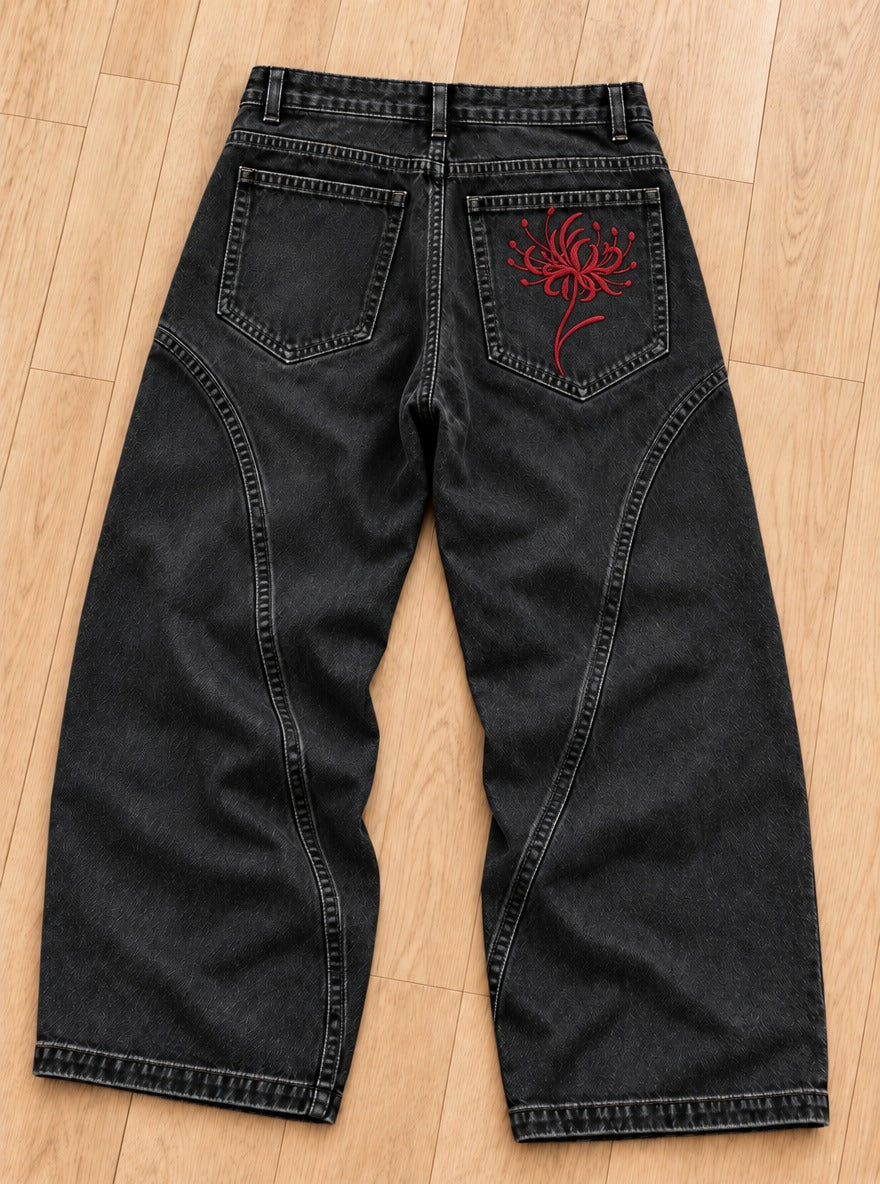 Demon Slayer Embroidered Pocket Jeans – Red Spider Lily – back flat-lay | Demon Slayer
