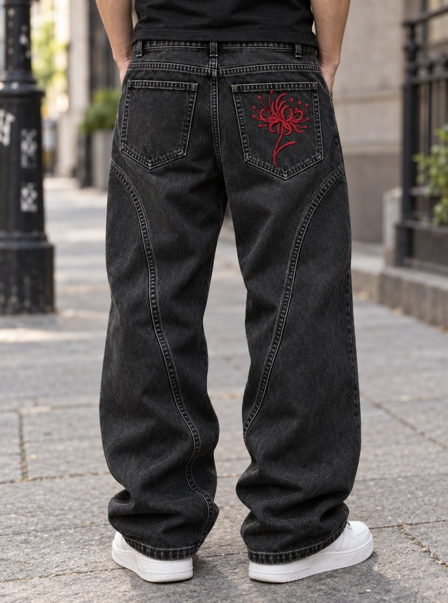Demon Slayer Embroidered Pocket Jeans – Red Spider Lily – worn back view | Demon Slayer
