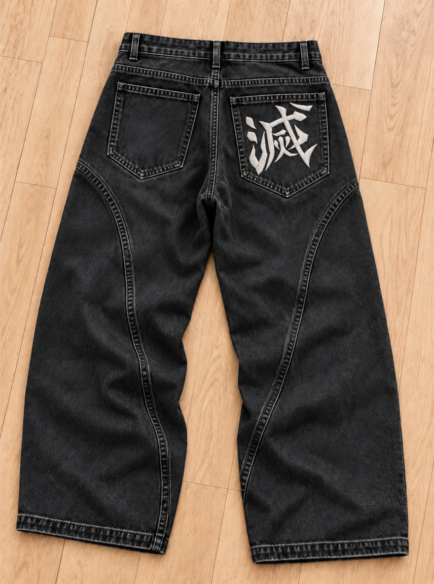 Demon Slayer Embroidered Pocket Jeans – Metsu Kanji – back flat-lay | Demon Slayer